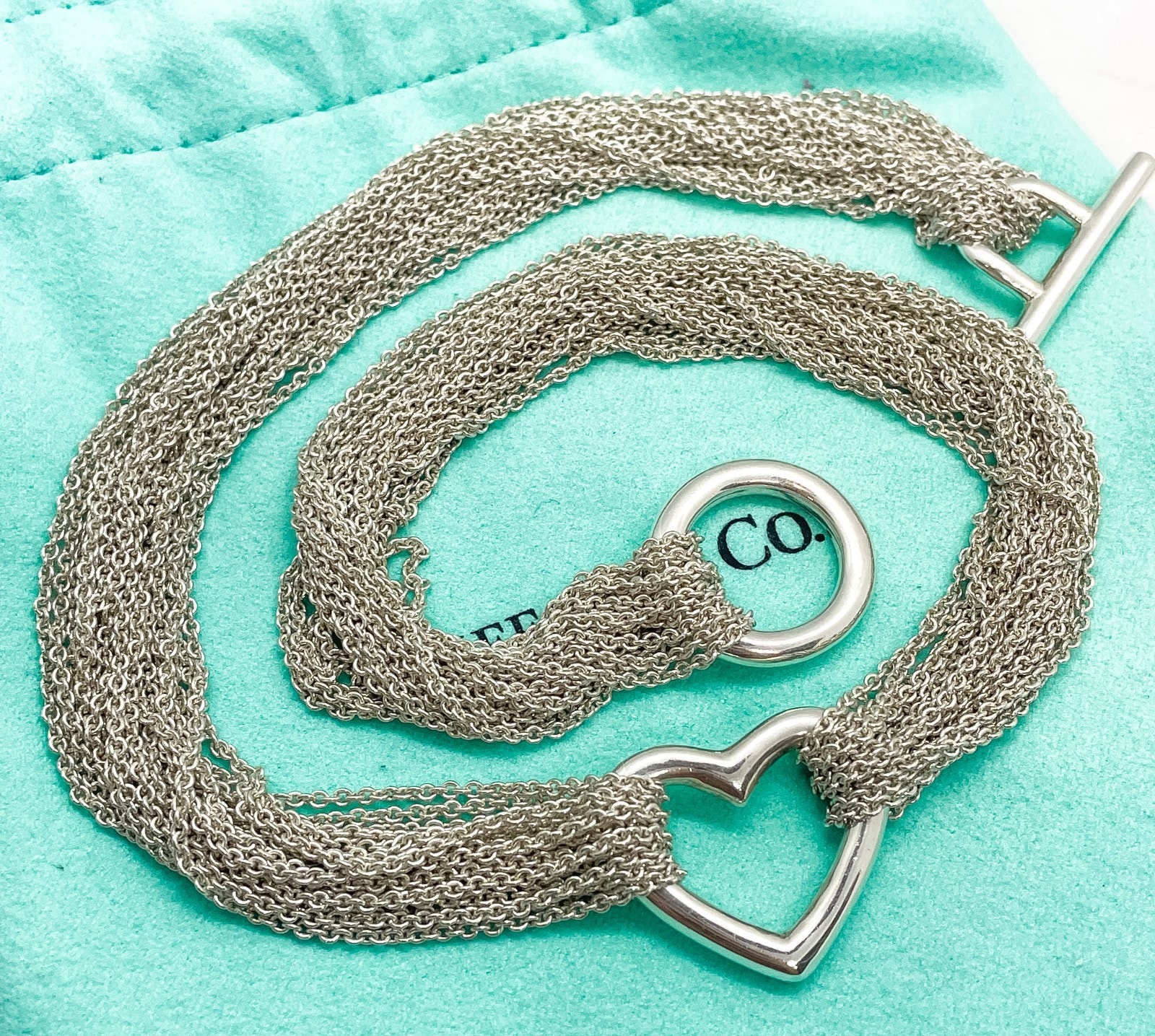 Tiffany & Co. Mesh Multi-Strand Heart Toggle Necklace Sterling Silver 15.5 Inch